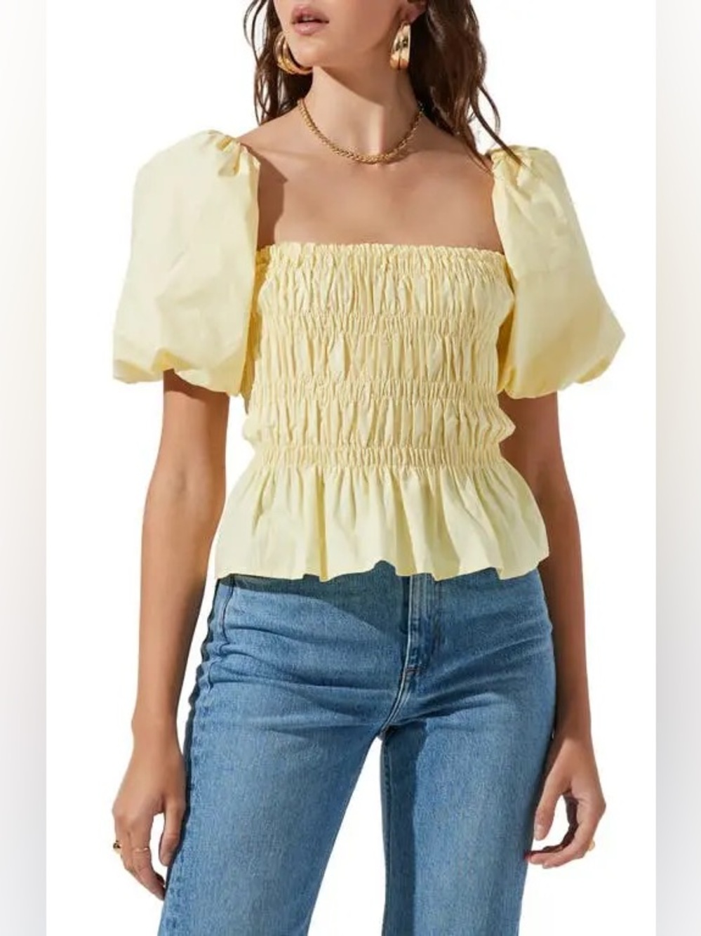 ASTR the Label Women’s Bubble Sleeve Smocked Blouse in Lemonade Yellow, Small